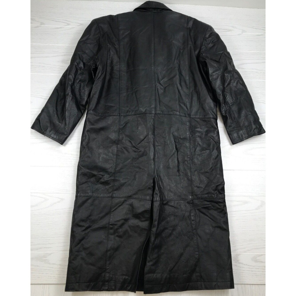 Vintage Leather Trench Coat Womens M Evan Todd Black Double Breasted Button Goth